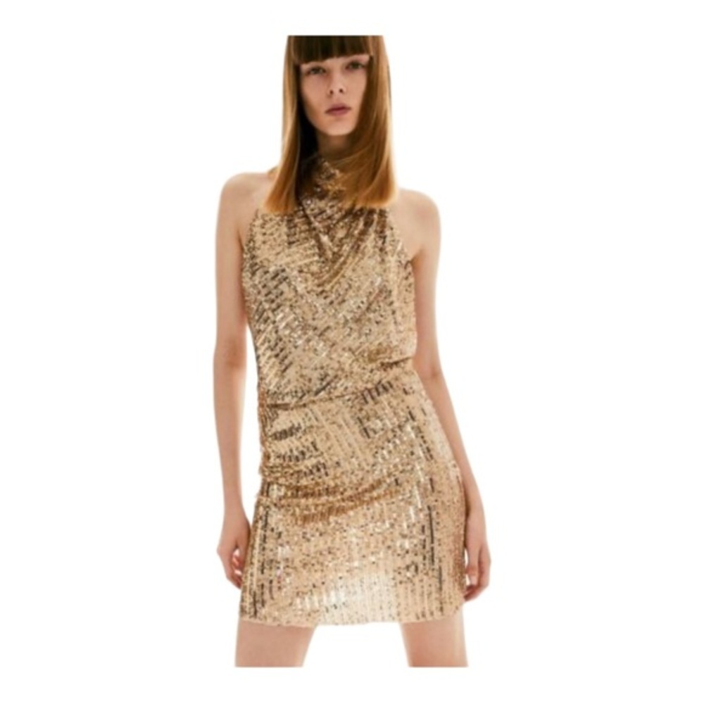 Zara gold sequin open back semi sheer halter blogger favorite mini dress size XL